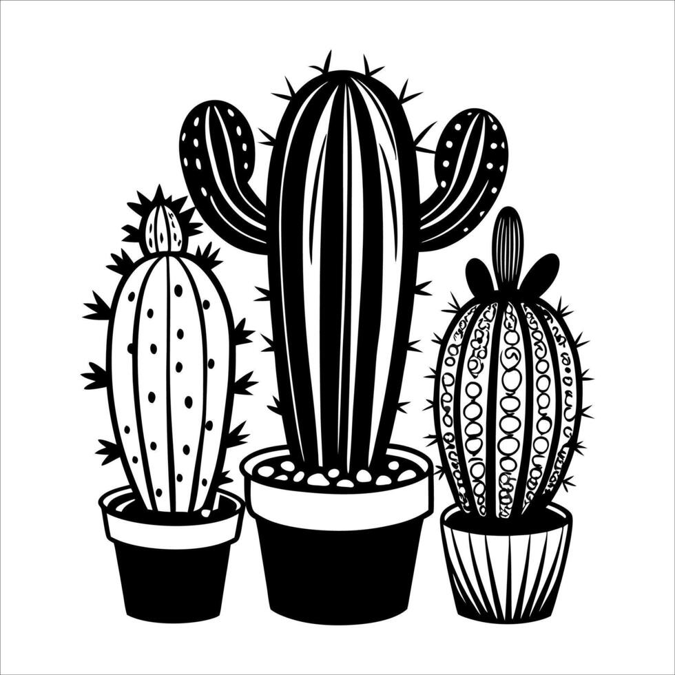 Three cactus plants in pots on a white background vector