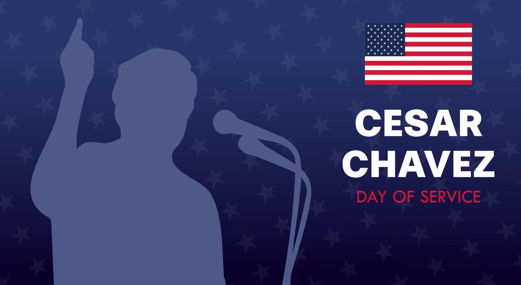 Cesar Chavez Day. Banner with man silhouette with microphone, USA flag. The official national American holiday, celebrated annually. vector