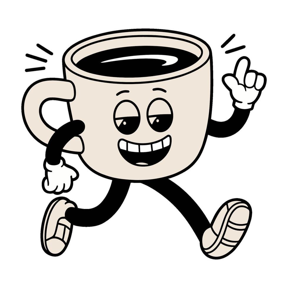 Retro cartoon character of happy coffee cup jogging energetically with playful smile and raised finger vector