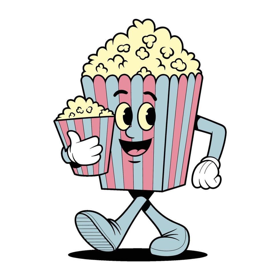 Cartoon popcorn character walking happily with a striped box of popcorn, retro image vector