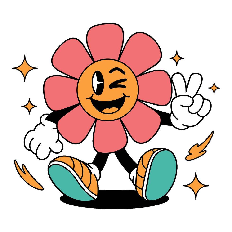 Cheerful cartoon flower character walking with peace sign on white background vector