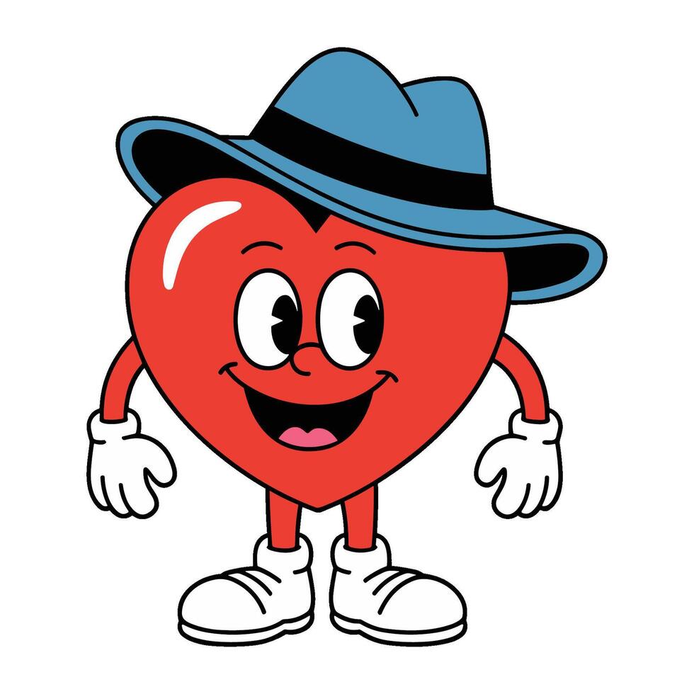 Retro heart character wearing a fedora with a cheerful expression, embodying a playful cartoon style vector