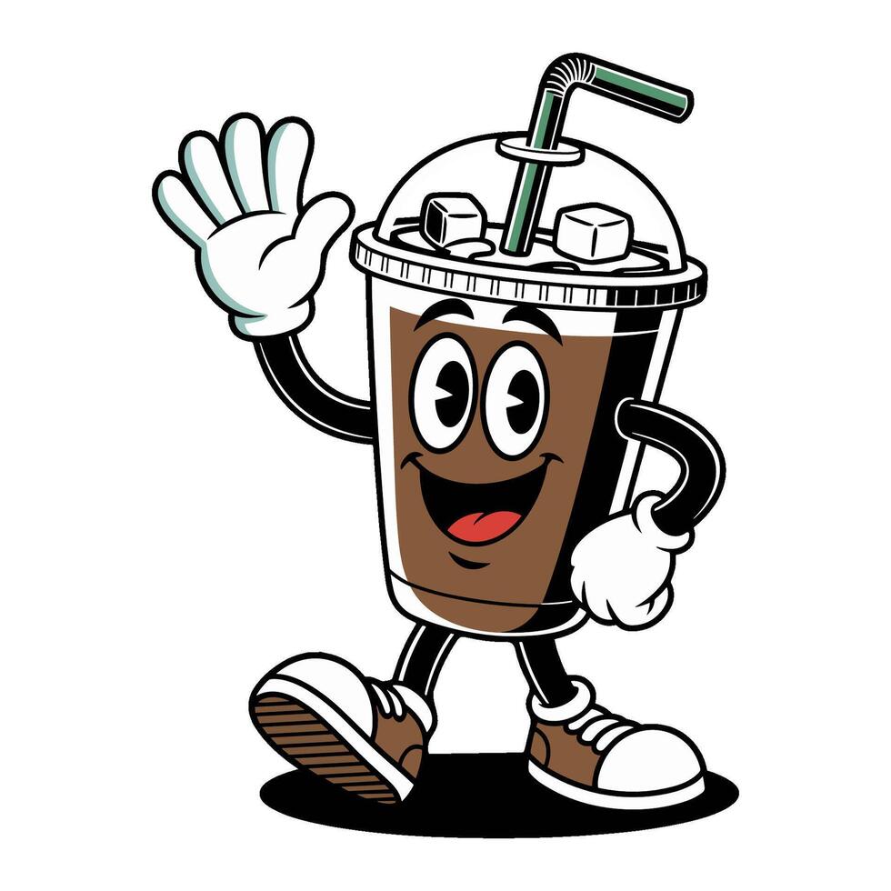 Cartoon iced coffee mascot character smiling and waving on white background, illustration vector