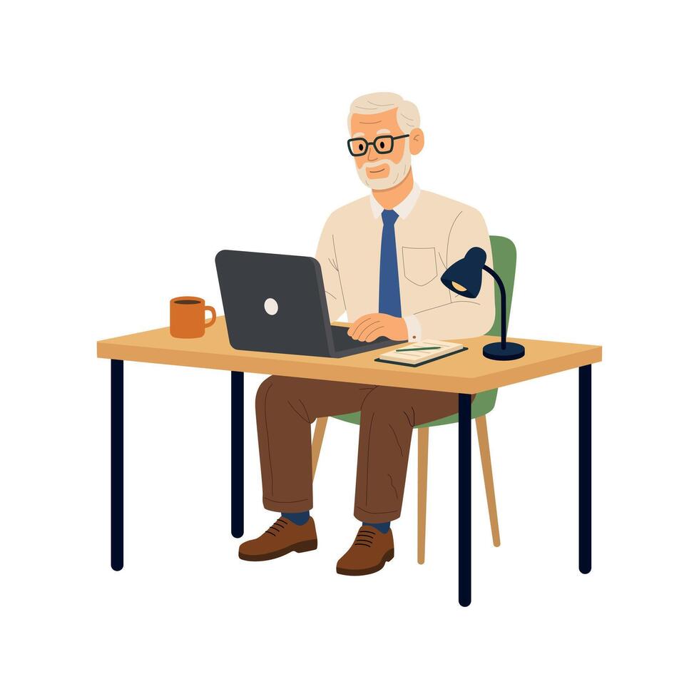 Elderly man using laptop at desk vector