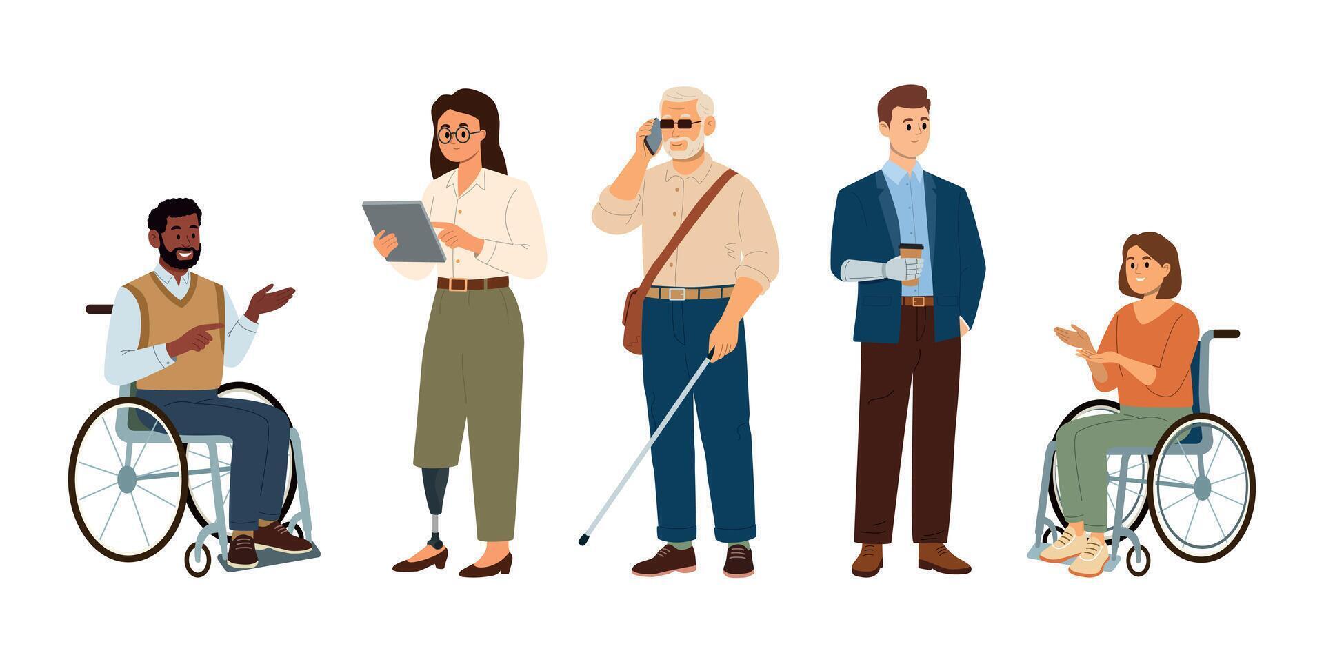 Set of diverse people with disabilities. Blind character, man and woman in wheelchair, with prosthesis. Cartoon hand drawn illustration vector