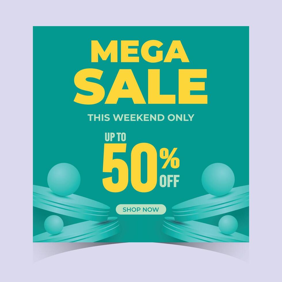 Vibrant square green mega sale banner with floating abstract shapes and bold typography. Ideal for seasonal sales, ecommerce promos, and ad campaigns vector