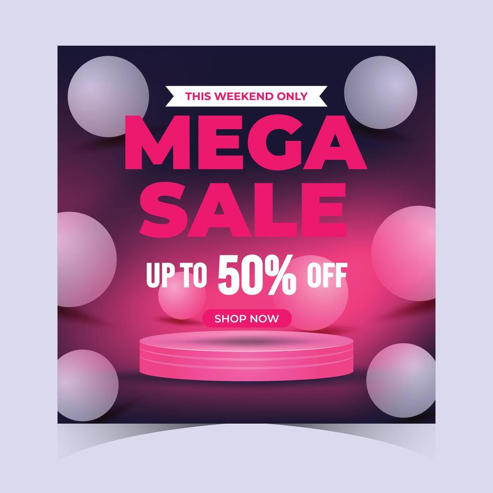 Dark stylish square mega sale banner with glowing pink podium and 3D spherical elements. Great for digital promotions, ecommerce visuals, and ad graphics vector
