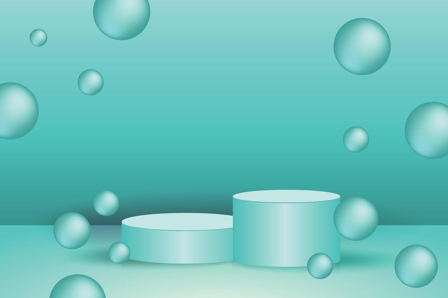 Mint Green Background with Bubbles and Dual Podiums. translucent floating bubbles, and dual 3d podium stands. ideal for clean ecommerce ads and sleek product promotion designs vector