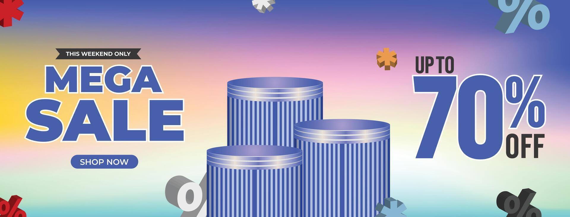 3D podium mega sale banner with blue abstract background and gradient highlights. Suitable for digital marketing, special offers, and product promotion designs vector