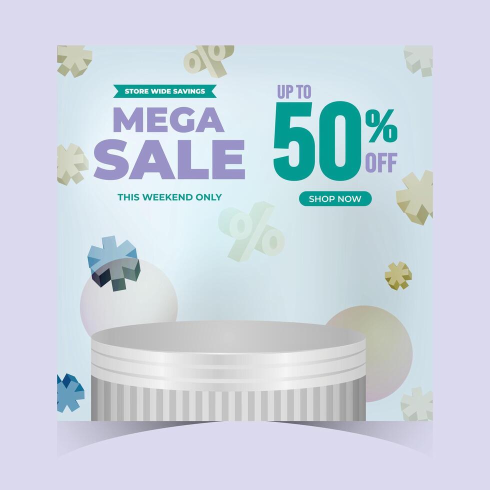 Minimal white background square mega sale banner with floating 3D platform. Ideal for product promotion, modern ecommerce, and clean marketing layouts vector