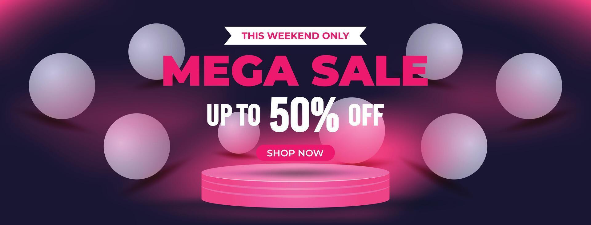 Dark themed mega sale banner featuring pink podium with glowing elements and floating spheres. Perfect for premium ecommerce promotions and stylish ads vector