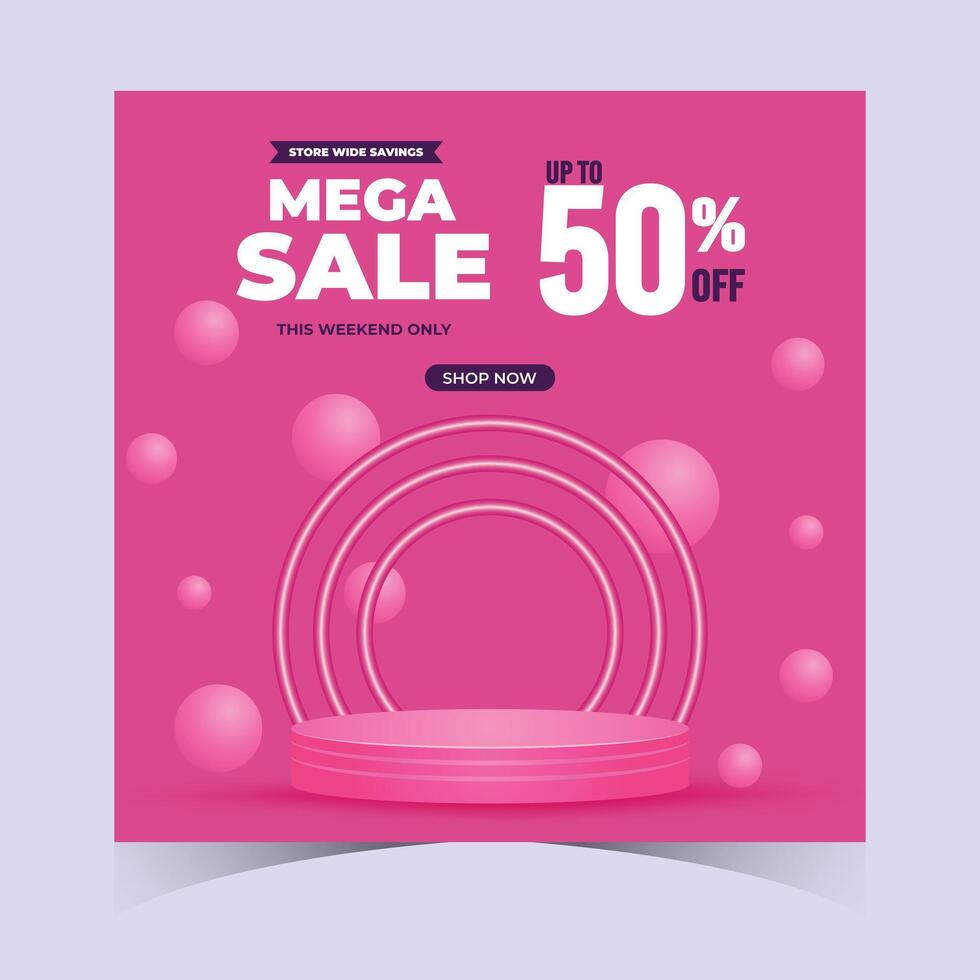 Bright pink square mega sale banner with glowing podium and neon ring lights. Ideal for stylish online store promotions, digital offers, and ecommerce ads vector