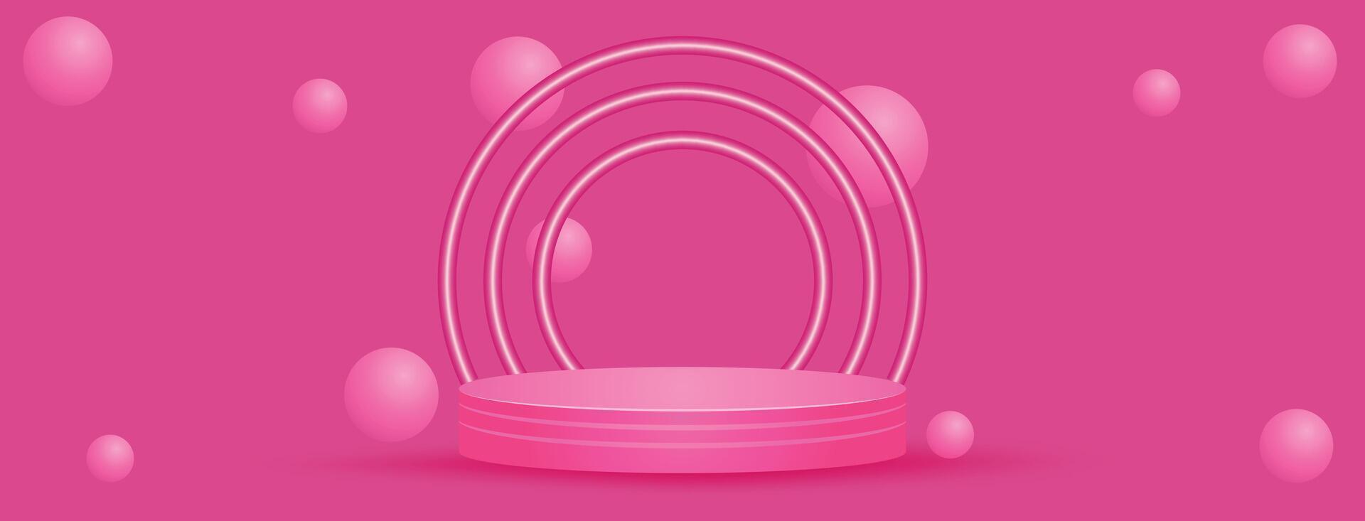 Pink Background with Neon Ring Podium. glowing circular podium rings and floating orbs. ideal for trendy ecommerce promotions and eye catching digital ads vector