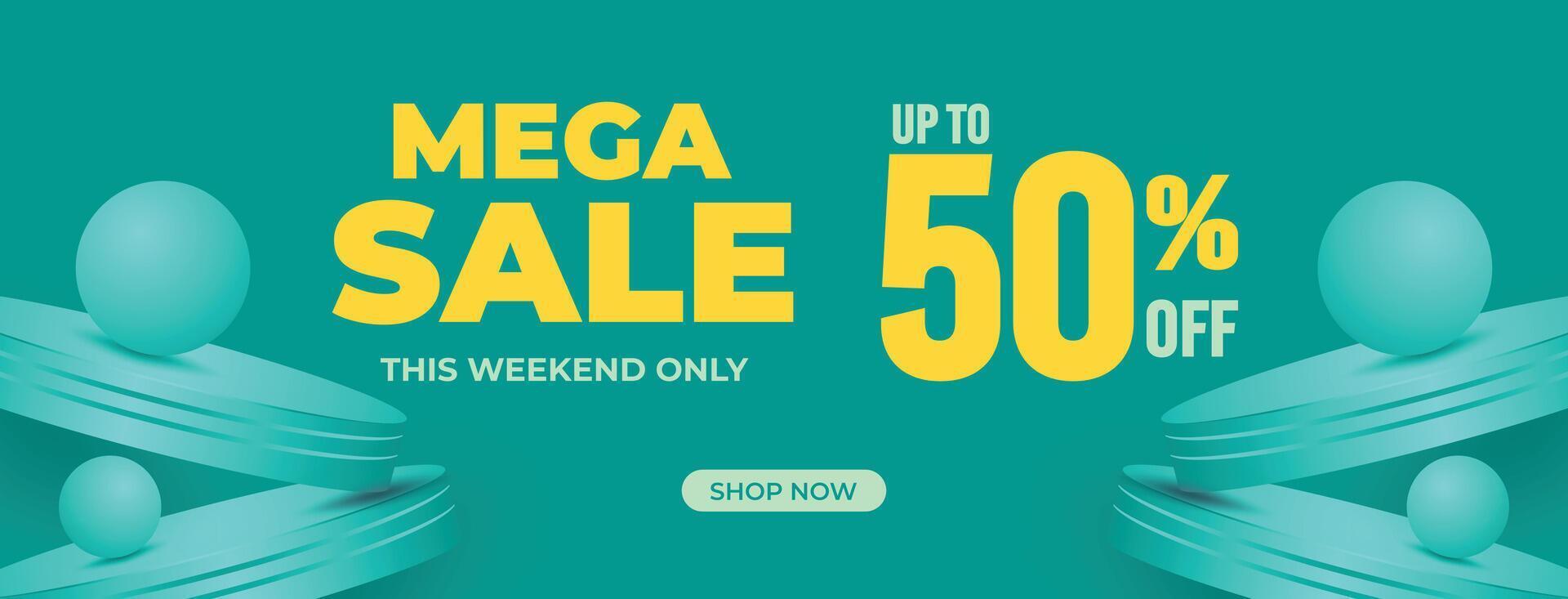 Vibrant teal and yellow mega sale banner with bold text and 3D floating elements. Ideal for seasonal discounts, online campaigns, and ecommerce advertising vector