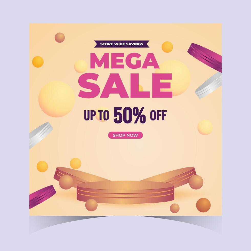 Minimalist square mega sale banner design with abstract floating shapes and elegant cream background. Perfect for ecommerce promotions and social media ads vector