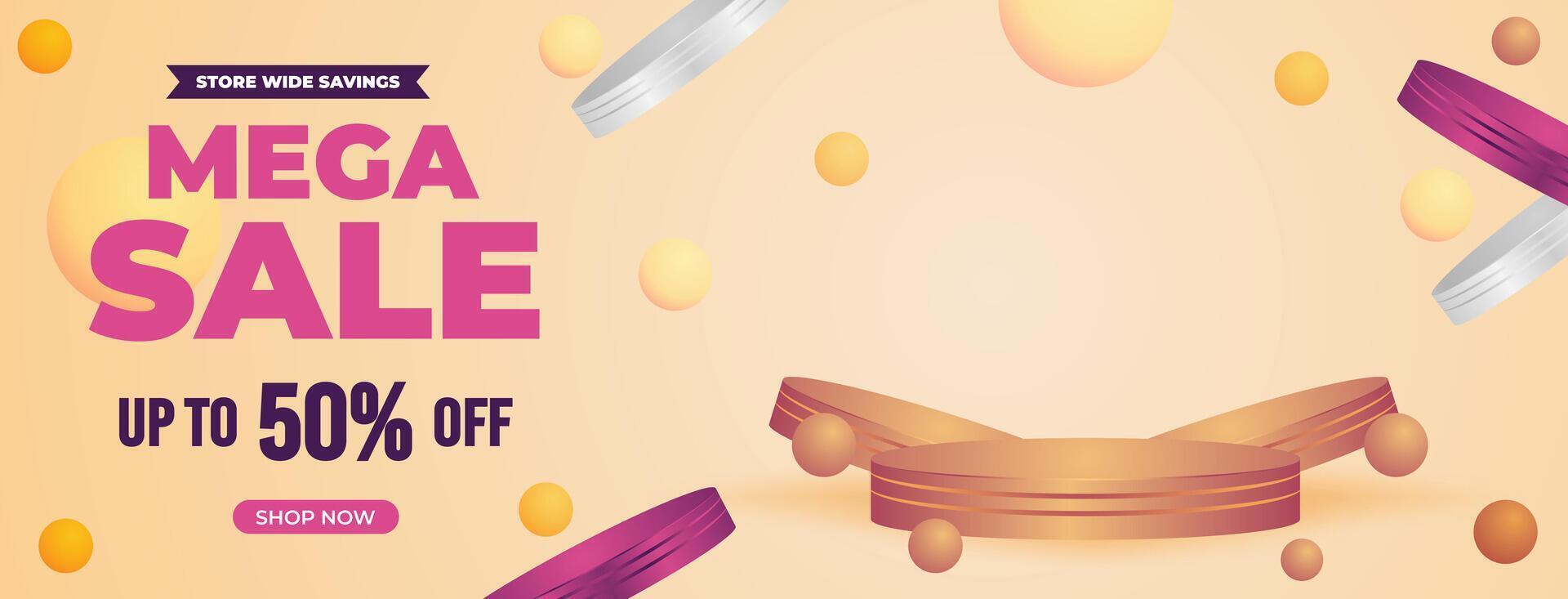 Trendy mega sale banner with creamy background, abstract 3D geometric elements, and discount text. Perfect for ecommerce ads, product promotion, and online campaigns vector