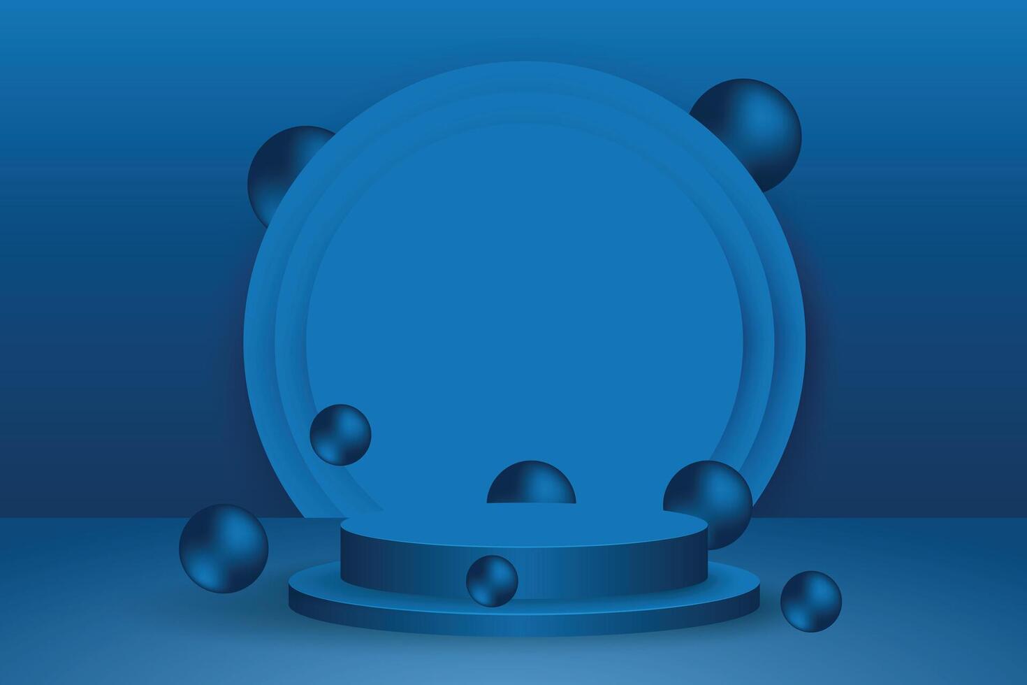 Deep Blue Background with Podium and Floating. 3d podium platform, and scattered spherical elements. perfect for modern ecommerce promotions and digital advertising campaigns Spheres vector