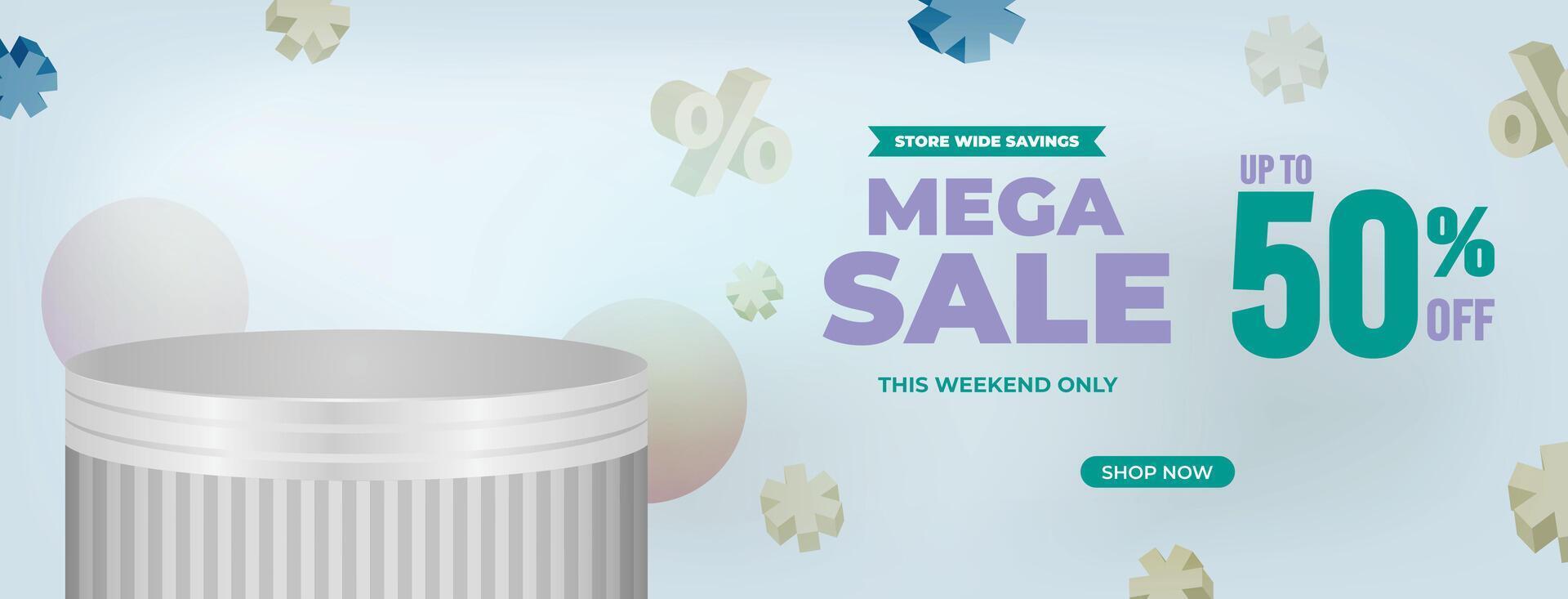 Elegant minimal mega sale banner with white background and 3D podium for promotions. Great for product display, online ads, and clean marketing designs vector