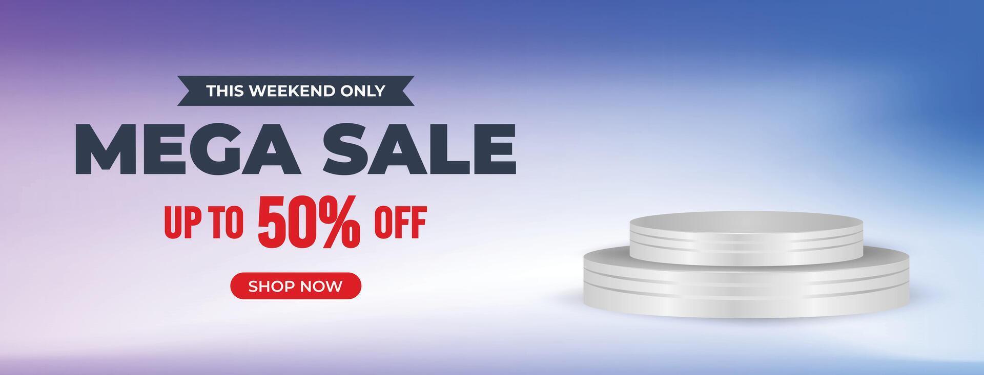 Gradient purple mega sale banner design with podium stand and 50 off text. Stylish layout for retail promotions, online marketing, and seasonal discounts vector