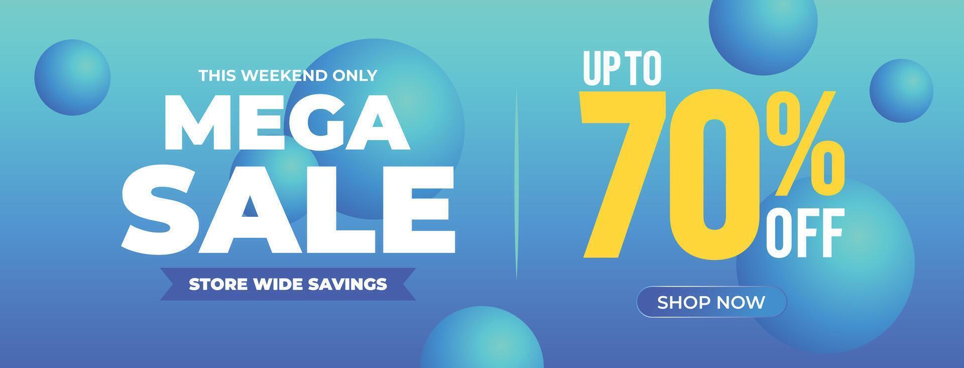 Modern mega sale banner design with bright blue background, abstract bubbles, and bold discount text. Perfect for online promotions, shopping ads, and web banners vector