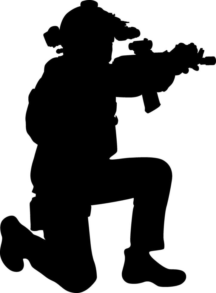 Silhouette of a soldier in tactical gear kneeling with a rifle vector