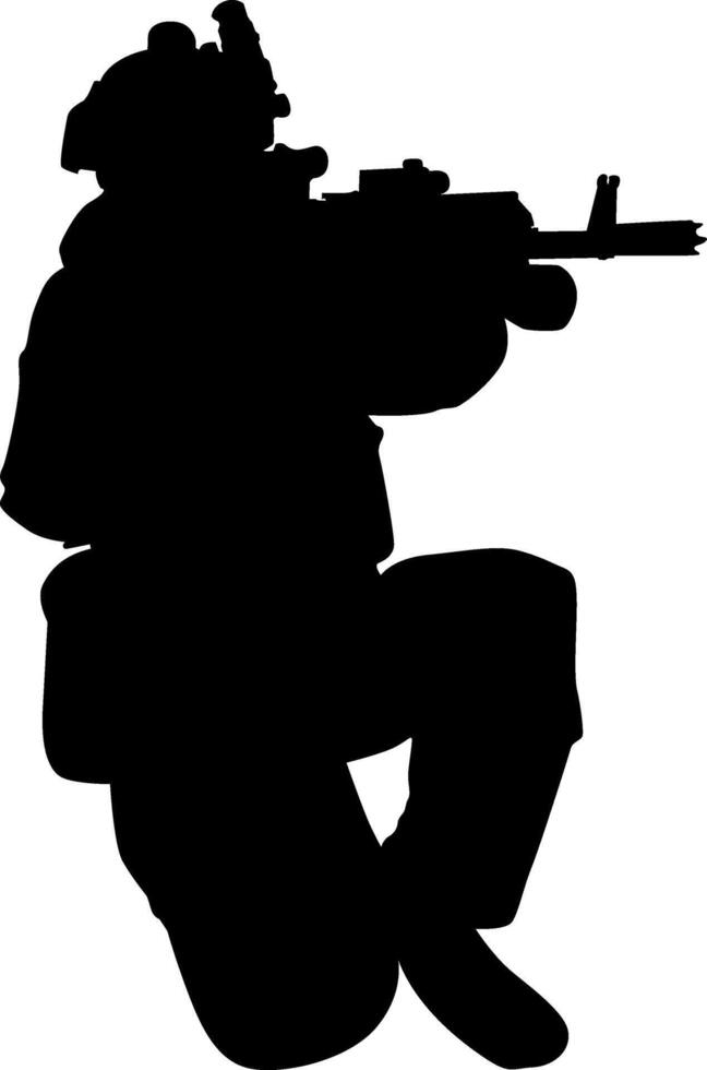 Silhouette of a soldier kneeling with a rifle aiming for target vector