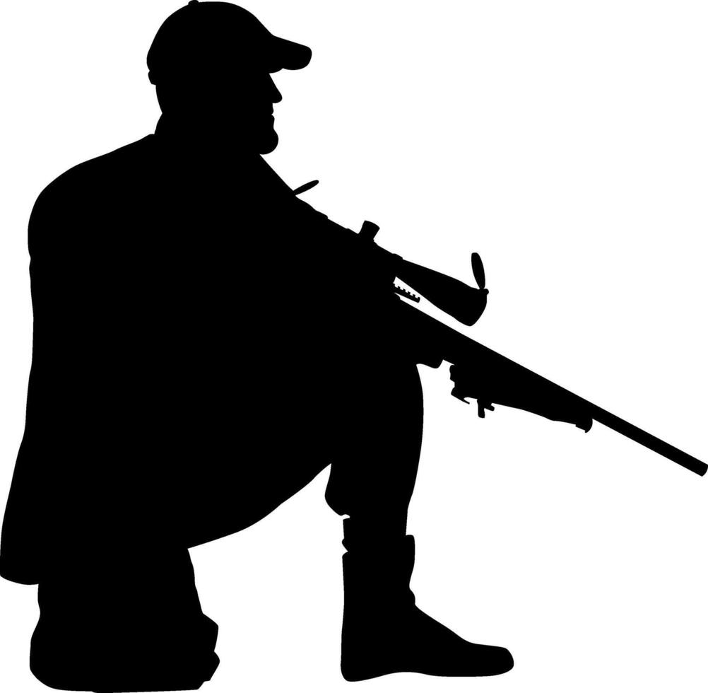 Silhouette of a crouching sniper aiming a rifle vector
