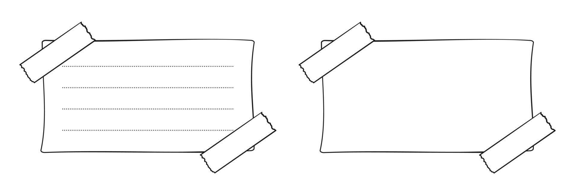 Hand drawn taped memo paper sheet collection, sticky note set, reminder, to do list, sticky tape. Bullet journal elements in line art doodle style. vector