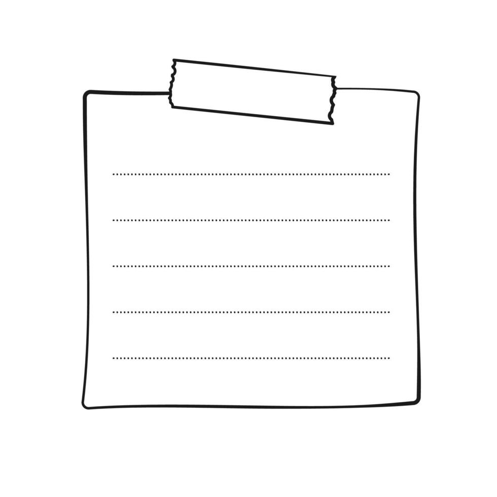 Hand drawn memo paper notepad sheet, sticky note, reminder, to do list, sticky tape. Bullet journal elements in line art doodle style. vector