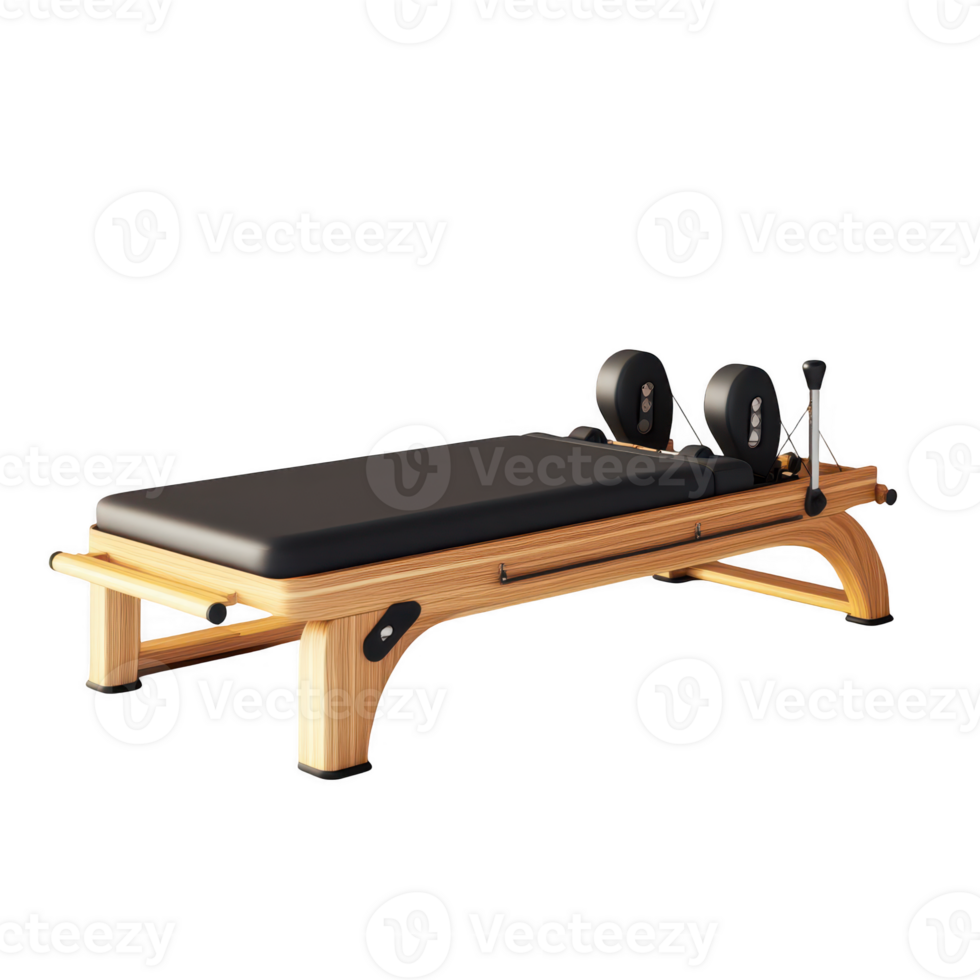 Modern Pilates Reformer Machine with Wooden Frame and Weights png