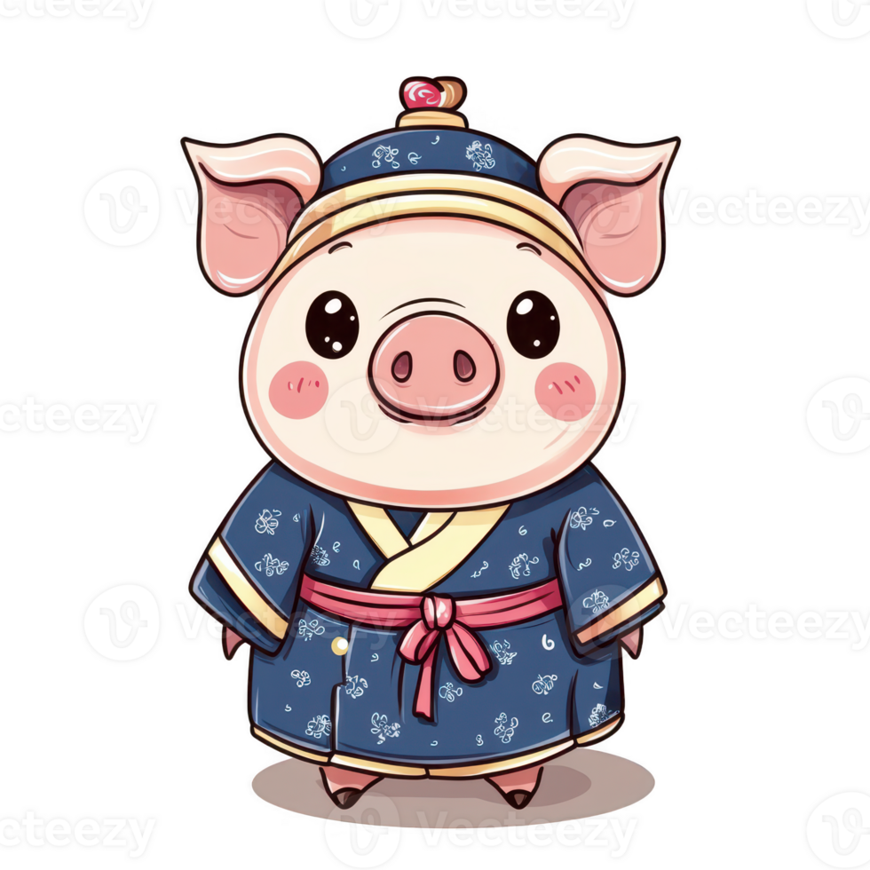 Cute Cartoon Pig in Traditional Outfit with Decorative Elements png