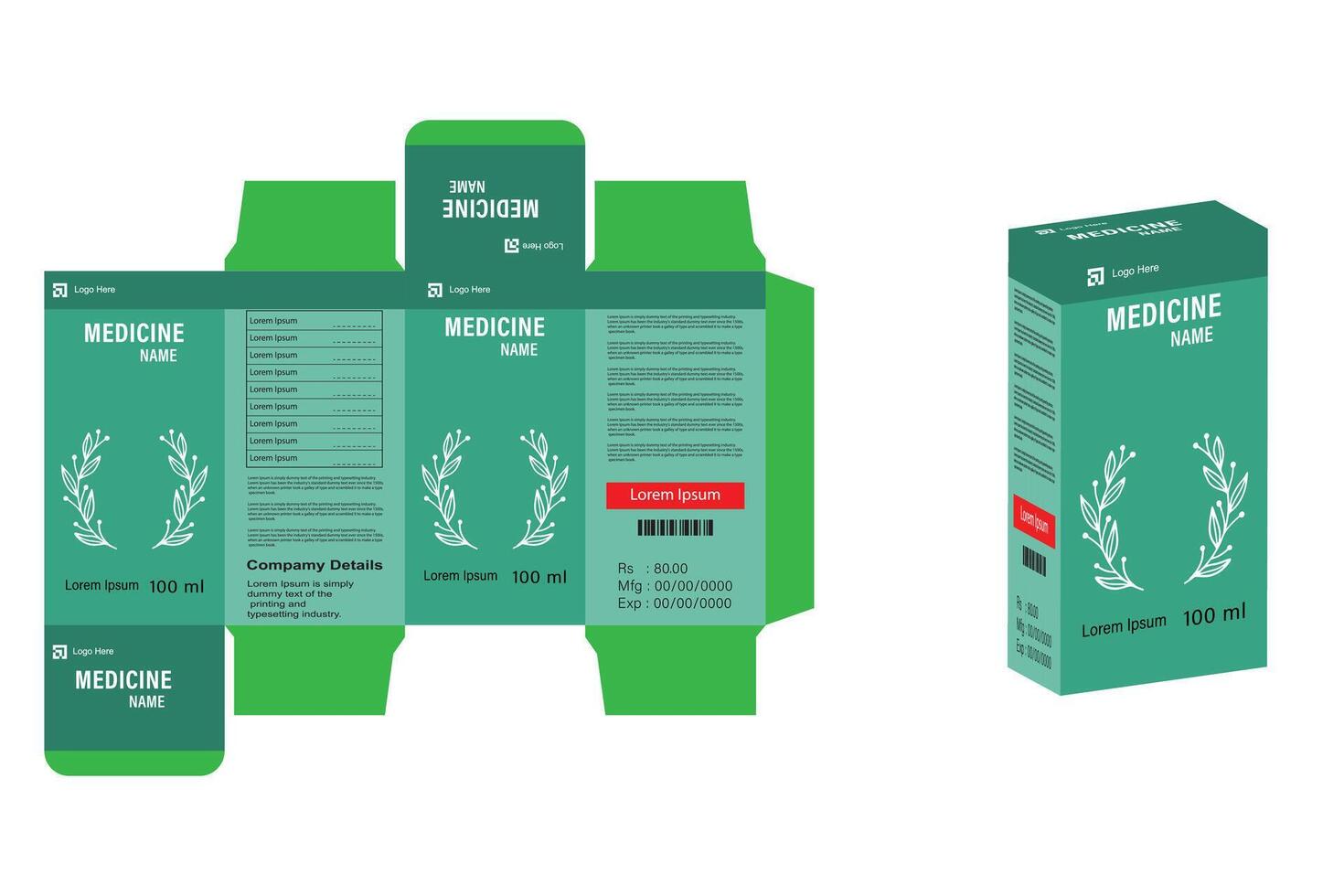 Medicine packaging design. Medicine packaging box design with Box dies line, 3d Box Mock-up, icon, frames and design elements. Design template. vector
