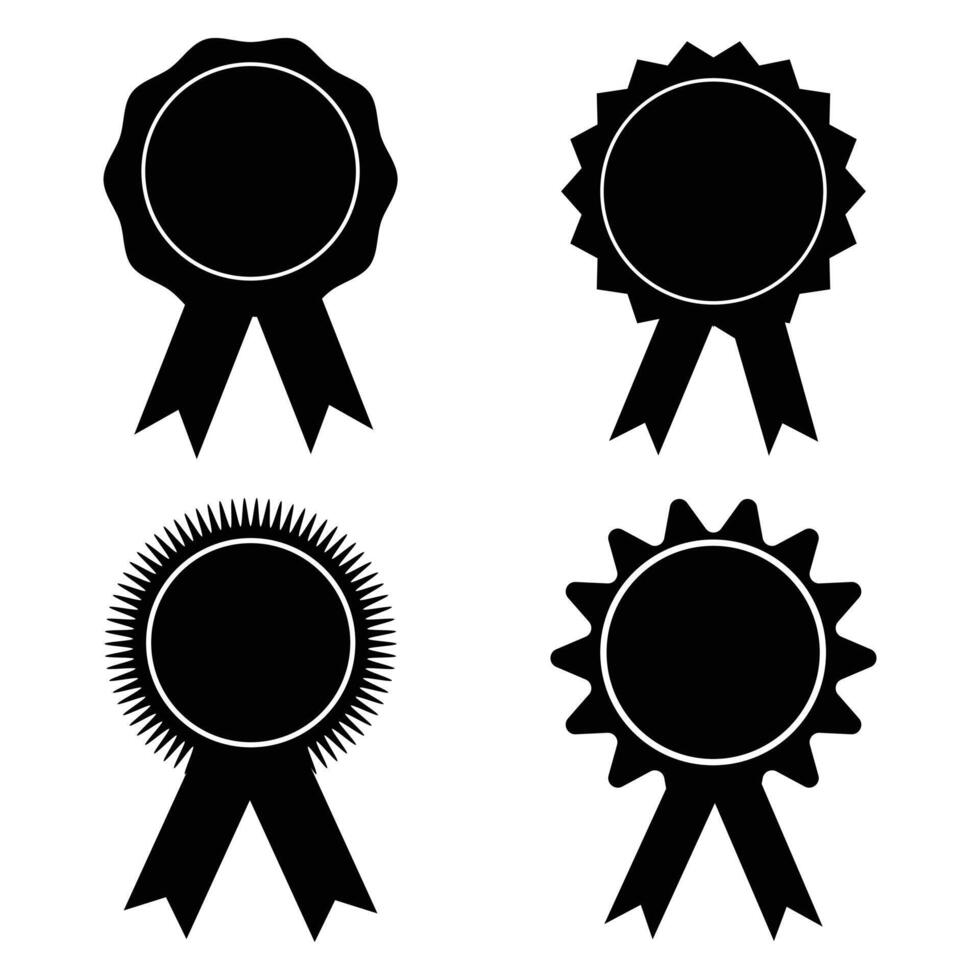 Badge icon set. Black star price tag or quality mark badge for blank template design. Isolated black stamp with black ribbons for awards. Set simple illustration. vector