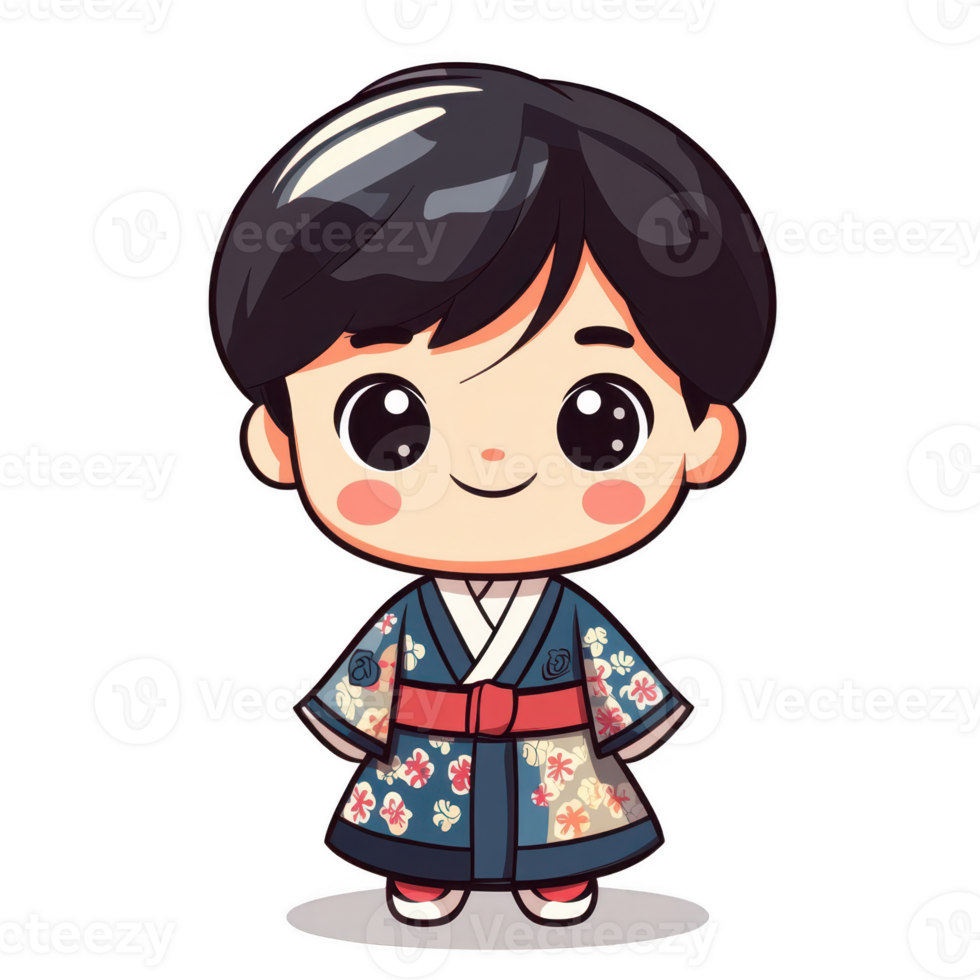 Cute Character in Traditional Japanese Kimono With Floral Pattern png