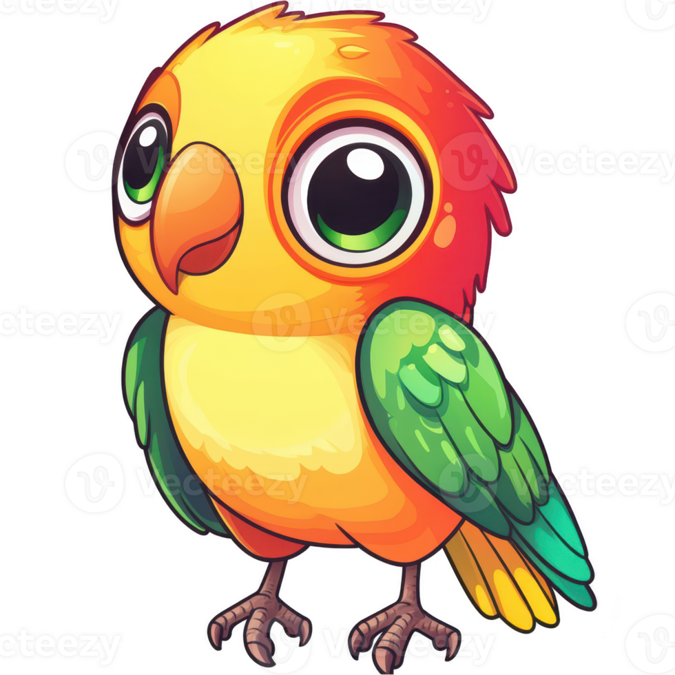 Colorful cartoon parrot with bright feathers and big eyes png