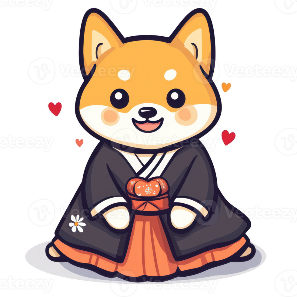 Cute Cartoon Dog in Traditional Japanese Kimono with Heart Elements png