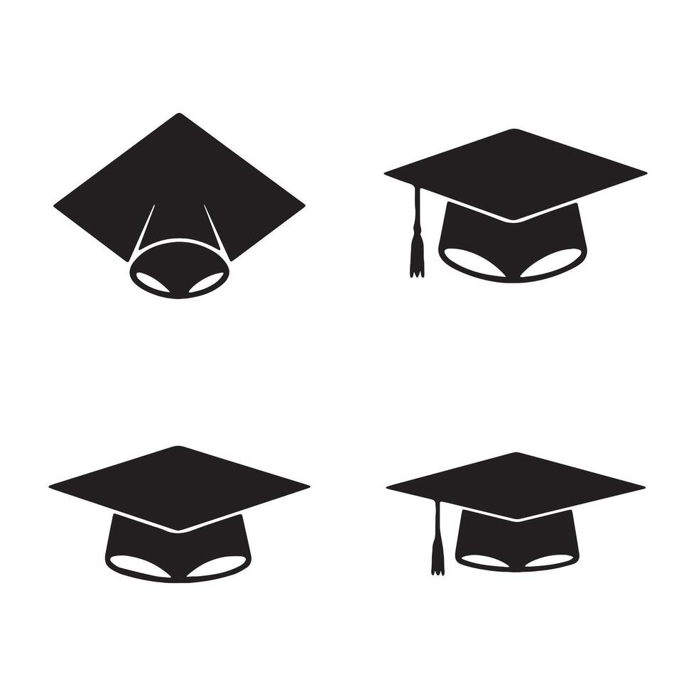 A set of four graduation cap illustrations in black and white on a background vector