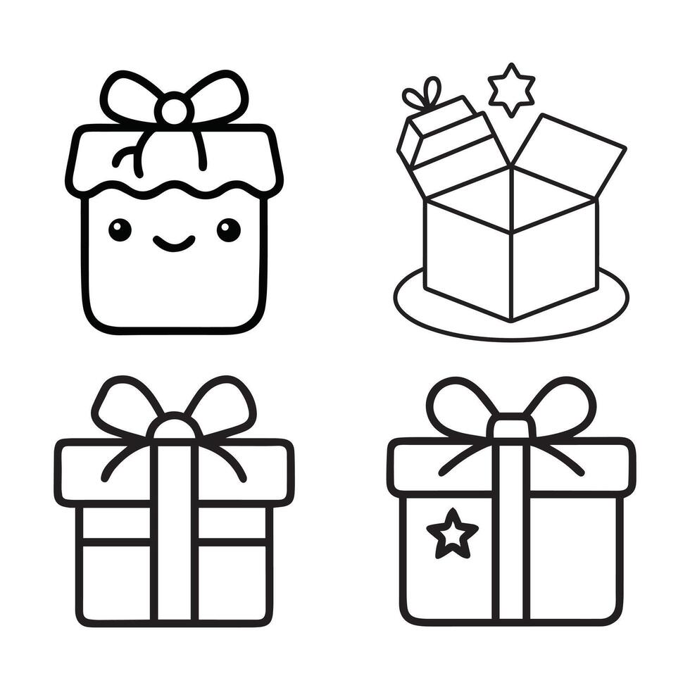A collection of four outlined gift box illustrations with bows and a star shape vector