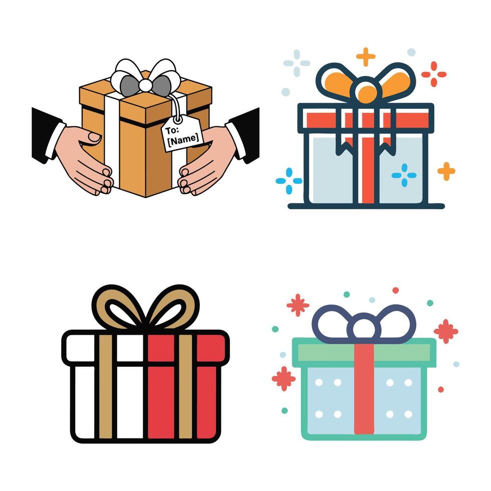 A collection of four different gift box illustrations in a square layout vector