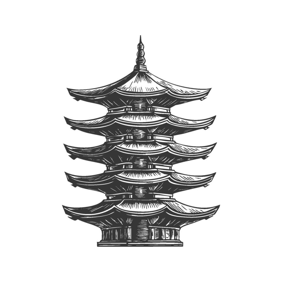 Traditional Japanese Pagoda Black And White Silhouette Illustration. Cultural Heritage And Architecture Symbol. Isolated Illustration vector