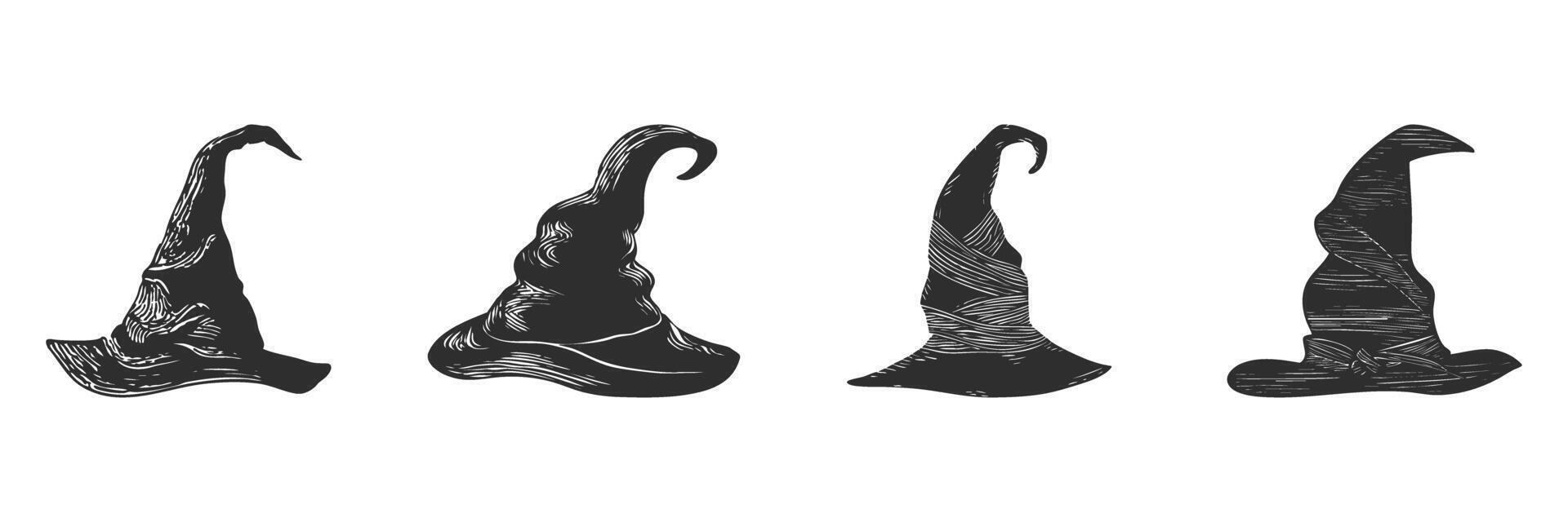 Witch Hat Silhouette Set. Magical Headwear For Halloween And Fantasy Themes Isolated Illustration Collection vector