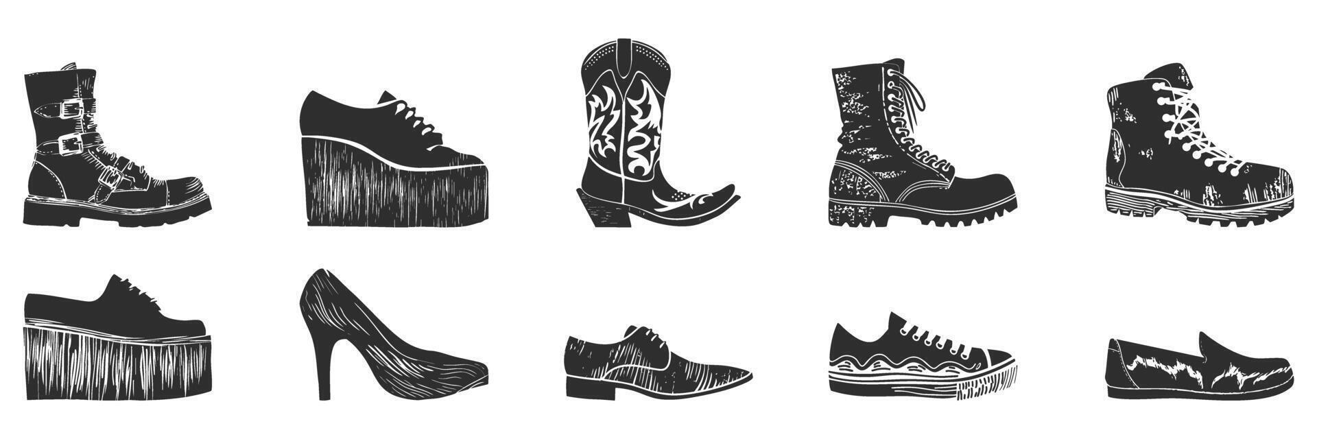 Footwear Variety Silhouette Set. Diverse Shoe Styles Including Boots, Heels, And Sneakers Isolated Illustration Collection vector