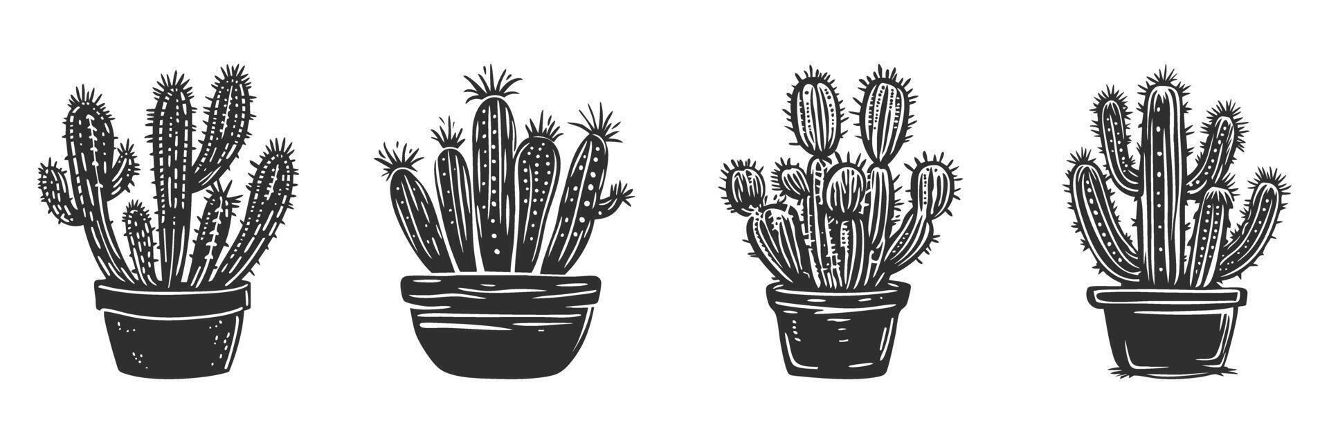 Potted Cactus Silhouette Set. Desert Plant Collection For Home Decor And Gardening. Isolated Illustration Collection vector