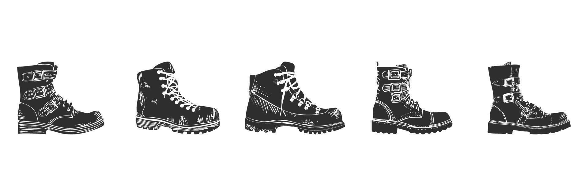 Silhouette Of Various Boots Collection. Footwear Styles And Fashion Concepts Isolated Illustration Set vector