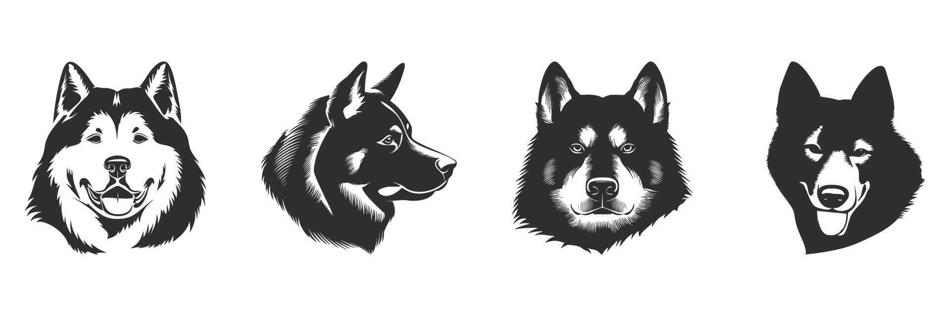 Husky Dog Head Silhouettes Set. Canine Expressions And Profiles Isolated Illustration Collection vector