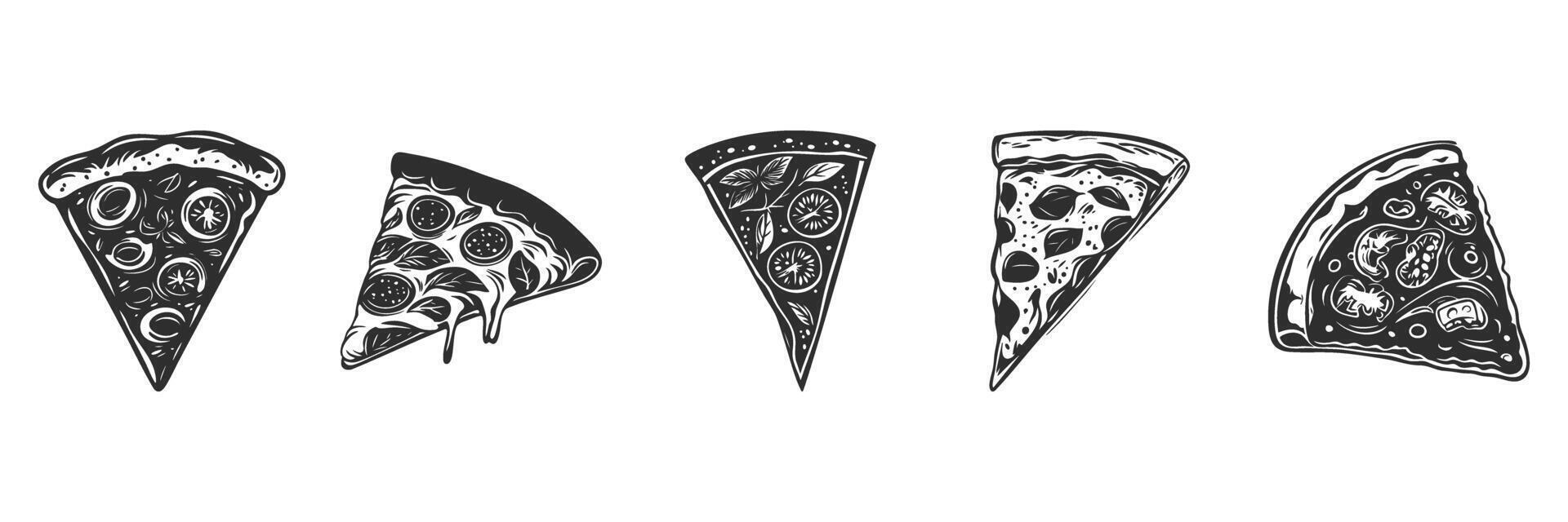 Pizza Slice Variety Silhouette Set. Different Toppings And Styles For Culinary Design. Isolated Illustration Collection vector