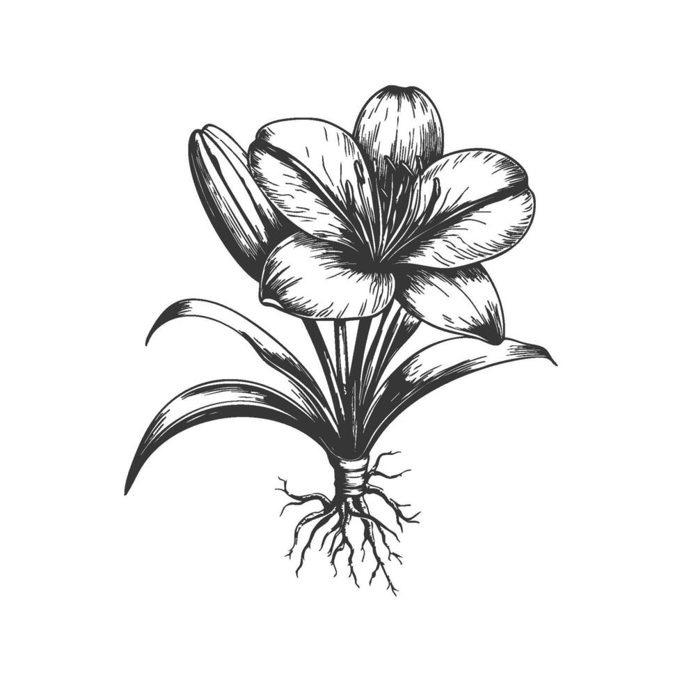 Lily Flower With Roots Black And White Silhouette Illustration. Botanical Beauty And Growth Concept Isolated Illustration vector