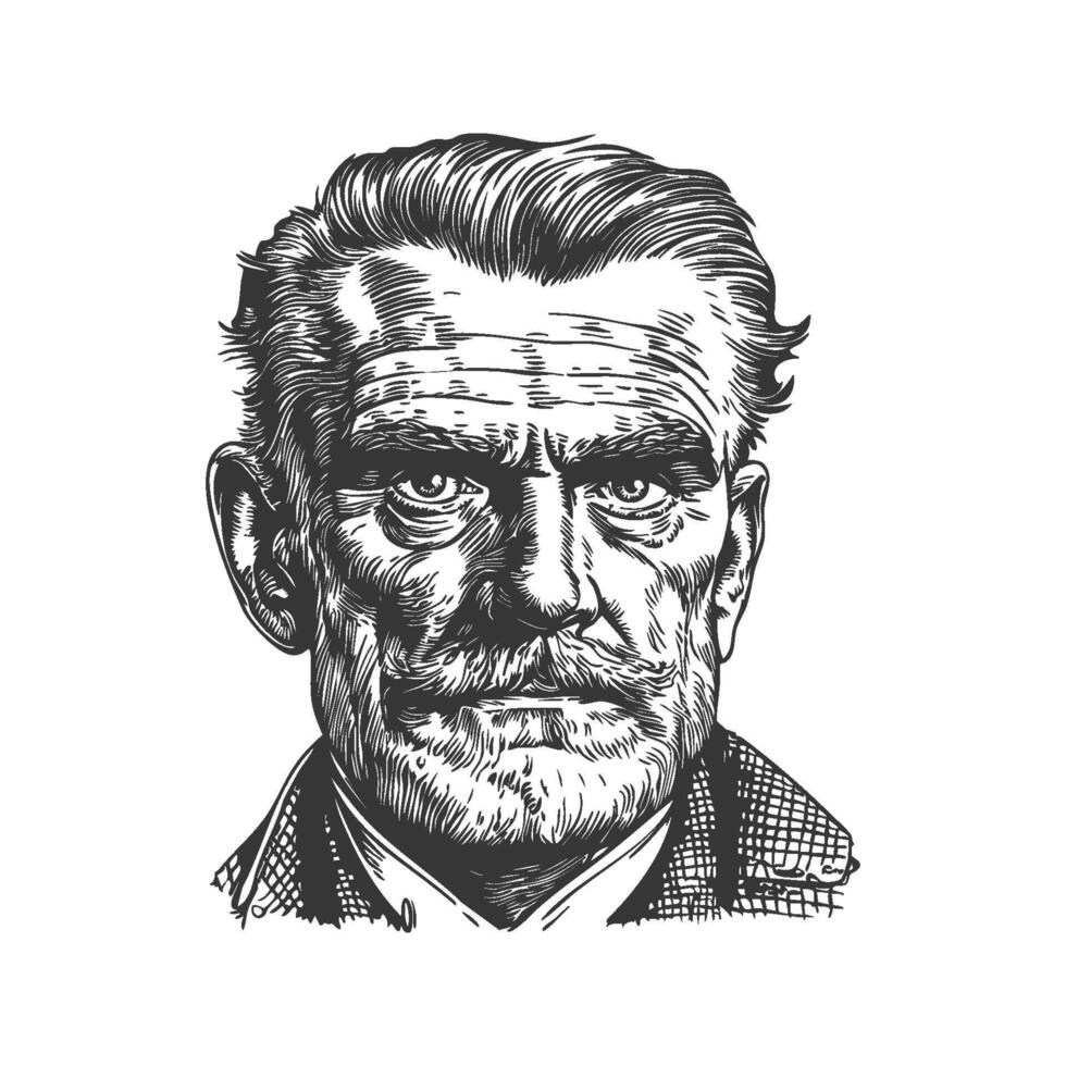 Elderly Man With Intense Expression Black And White Silhouette Illustration. Wisdom And Experience In Aging. Isolated Illustration vector