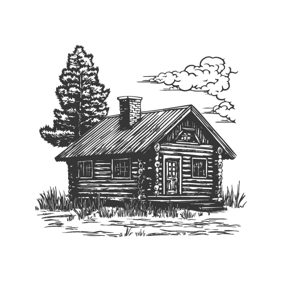 Rustic Log Cabin In Nature Black And White Silhouette Illustration. Tranquil Countryside Retreat And Simplicity. Isolated Illustration vector