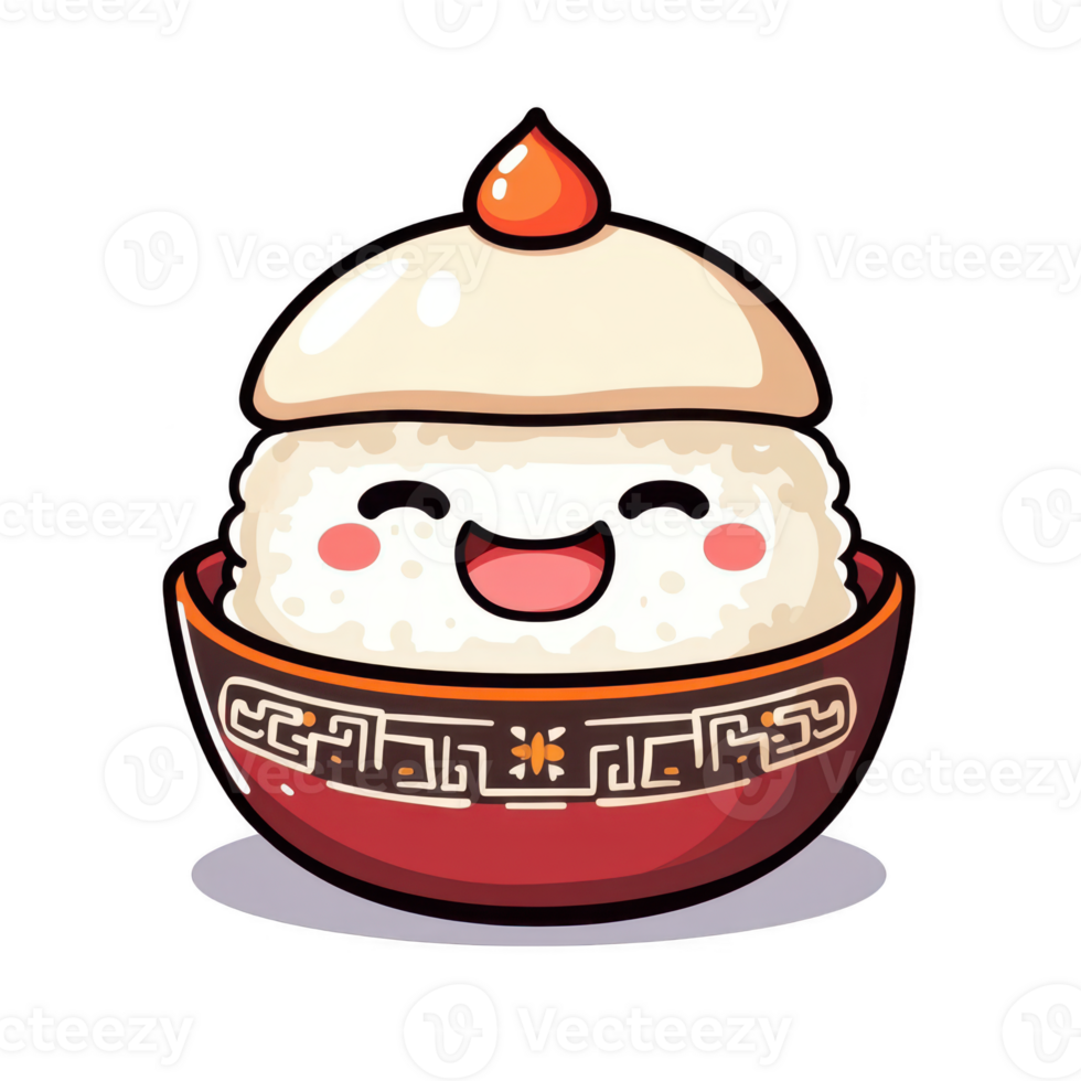 Cute Cartoon Character of a Smiling Rice Ball in a Bowl png